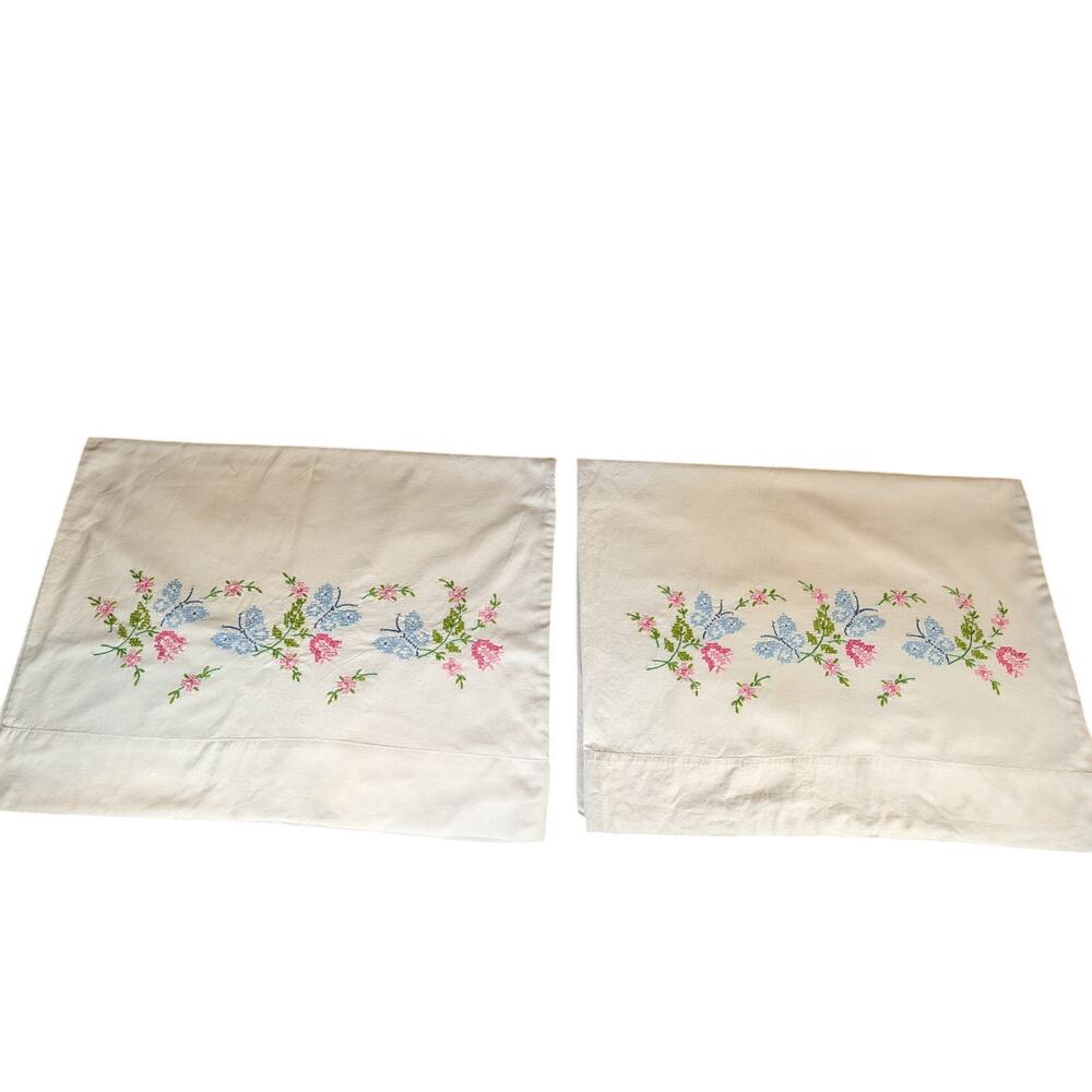 Vintage Butterfly Pillowcase Pair | Floral Cottagecore | Hand Embroidered Linen
